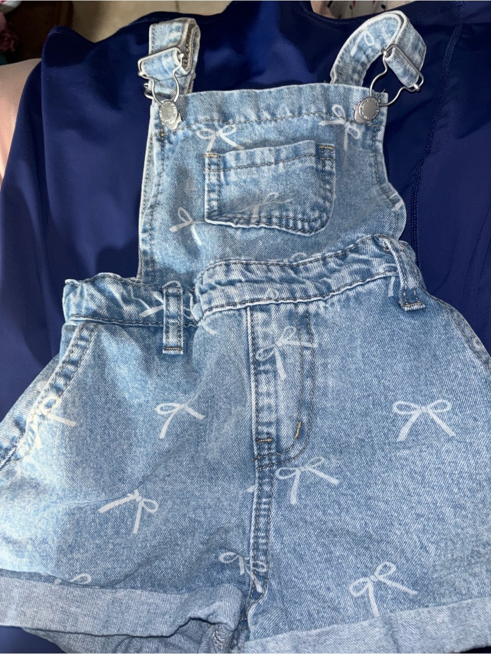 Light Blue Denim Kids Short Overalls with Bow Print